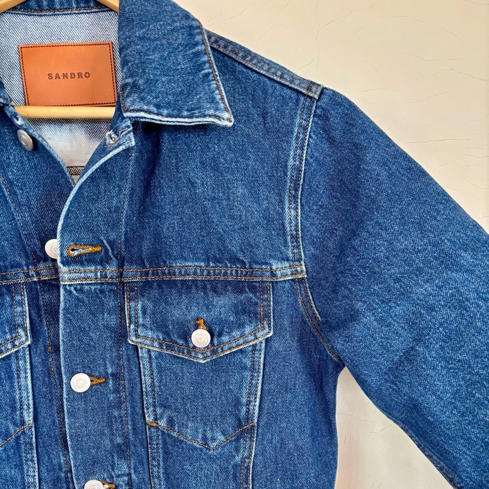 SANDRO French Luxury Brand from Paris Blue Denim Jacket with Tie Die Back. - Picture 6 of 13